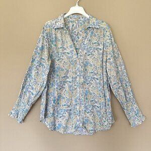 Free People Women L Button Shirt $138 Long Smocked Sleeves Wild Gardenia Spring